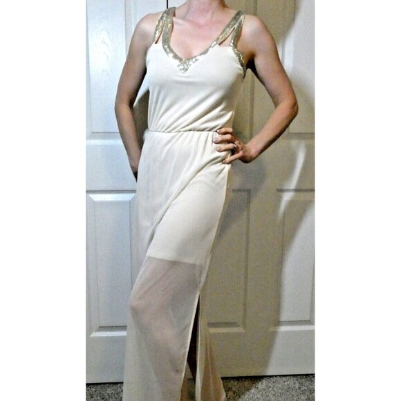 Ivory Gown Size 4 Silver Beads Vintage Formal Bombshell Old Hollywood Dress PROM - Picture 1 of 13